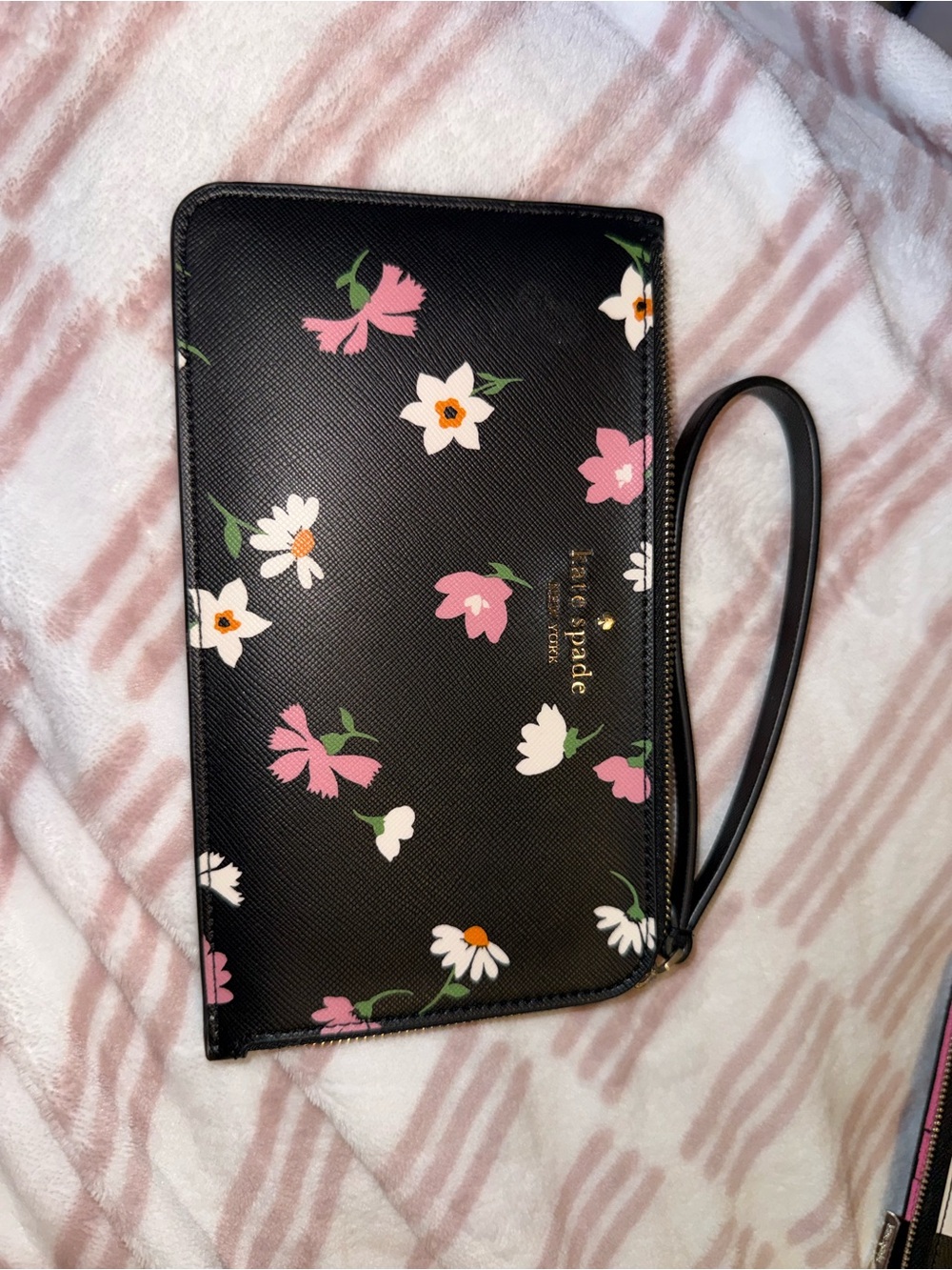 kate spade Black Floral Wristlet with Pink and White Flowers